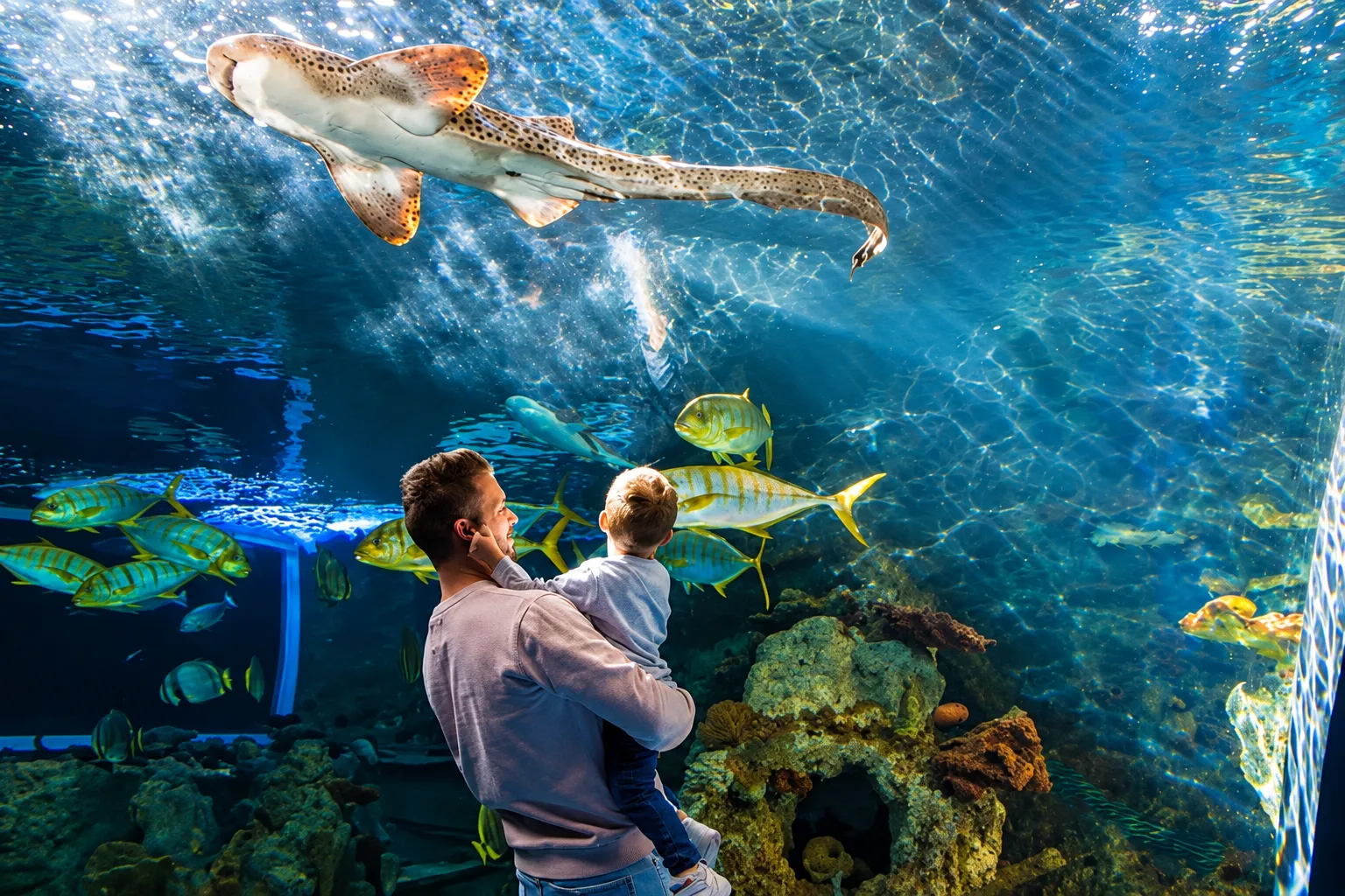 Un adulto y un niño observan peces y un tiburón en el acuario del Biodomo de Granada.