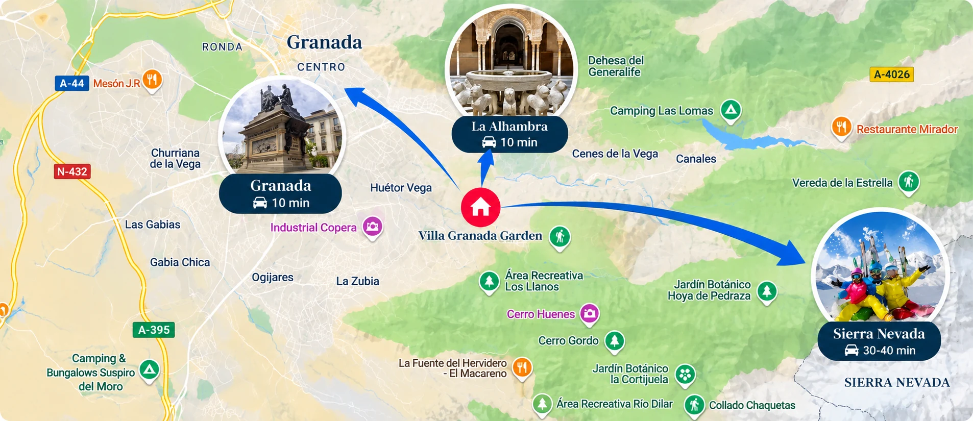 Mapa de Villa Granada Garden en Monachil, con indicaciones hacia Granada, la Alhambra y Sierra Nevada